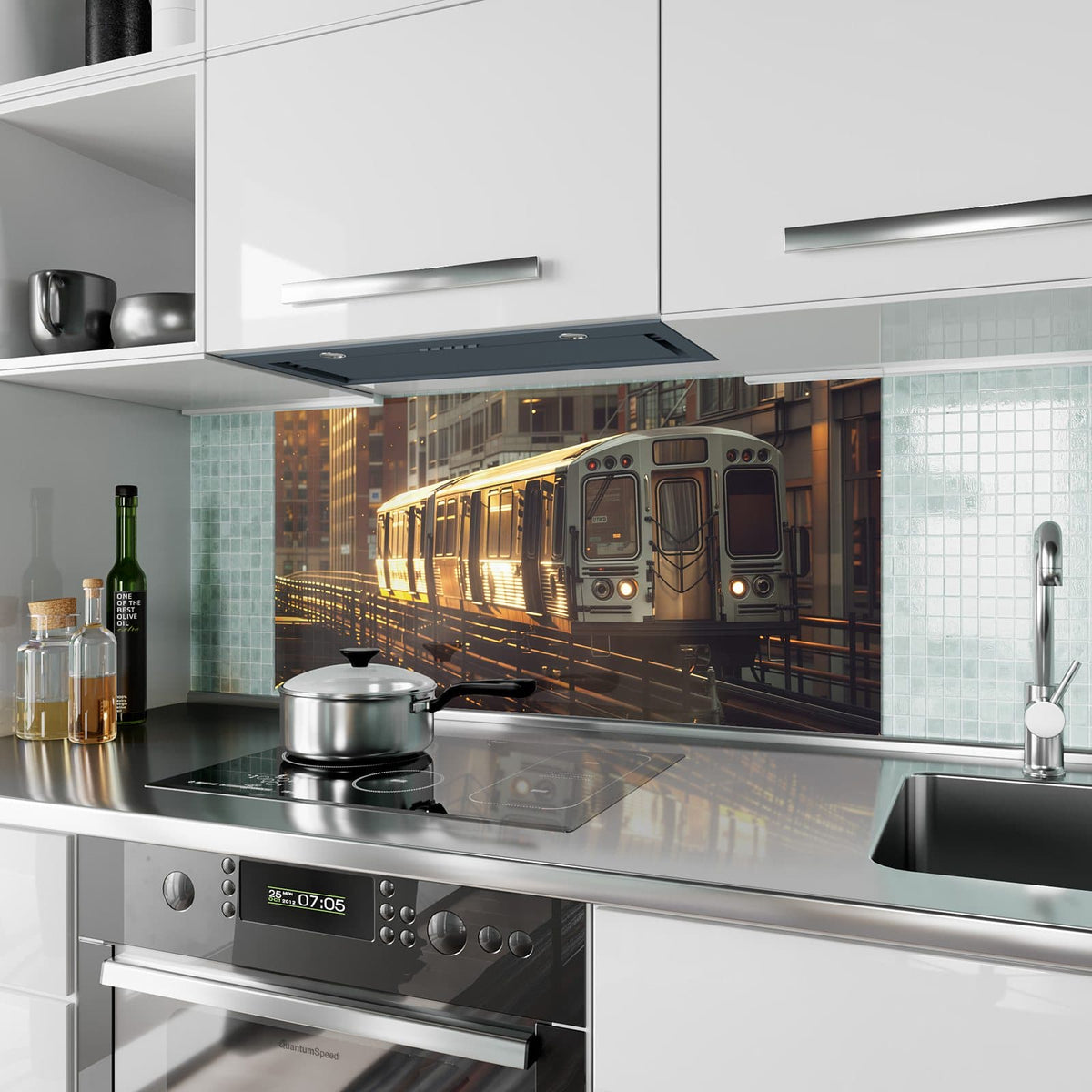 Küchenrückwand aus Glas Hochbahn im Abendlicht im Hochformat als Spritzschutz hinter dem Kochfeld, über dem Fliesenspiegel montiert