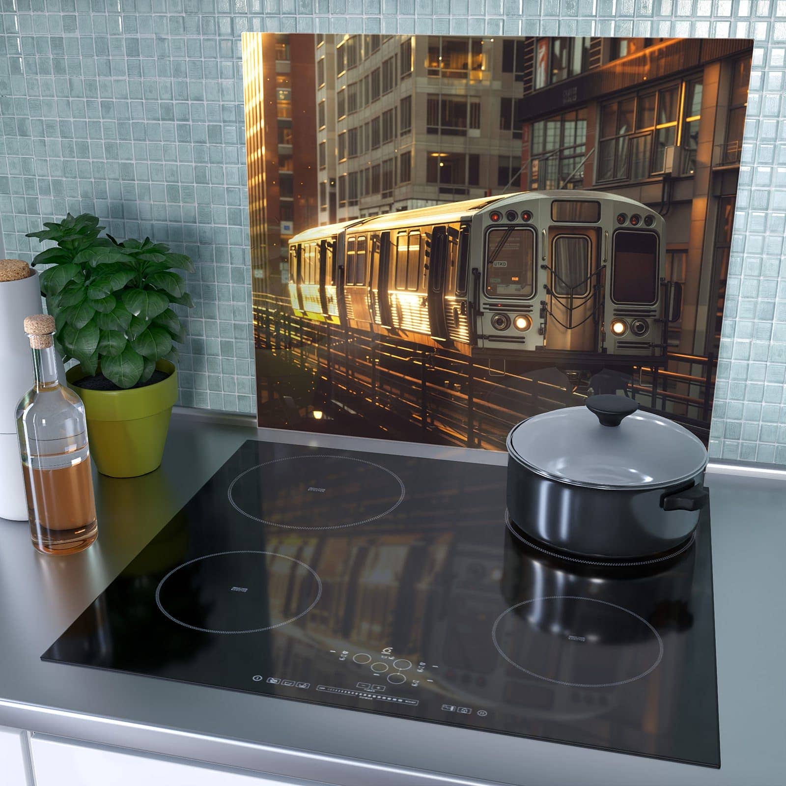 1-teilige Glasplatte für Herd mit Stadtzug Sonnenuntergang-Motiv als Spritzschutz hinter dem Kochfeld