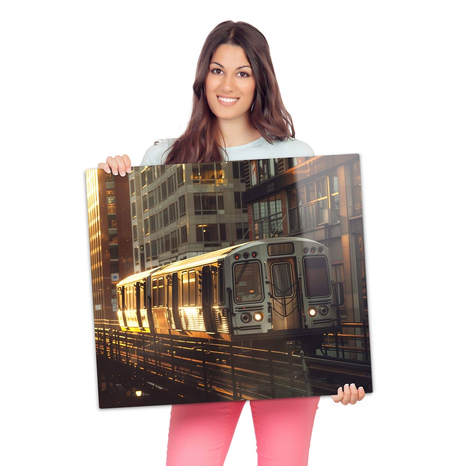 1-teilige Herdplattenabdeckung mit Stadtzug Sonnenuntergang-Motiv wird zur Größendarstellung gehalten