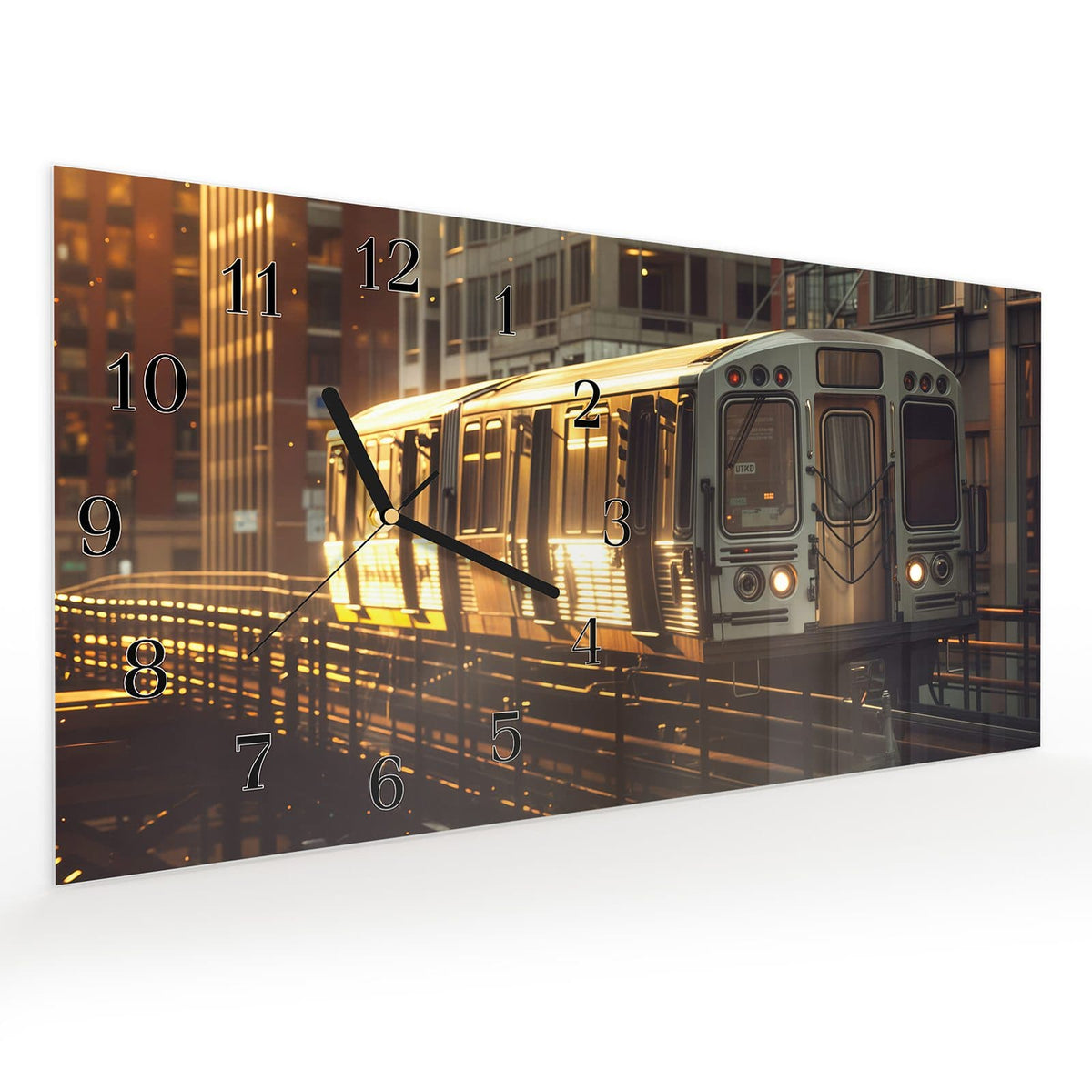 Vormontiert – mit Schwebeeffekt – Wanduhr Stadtzug Sonnenuntergang aus Glas – Querformat 60 × 30 cm