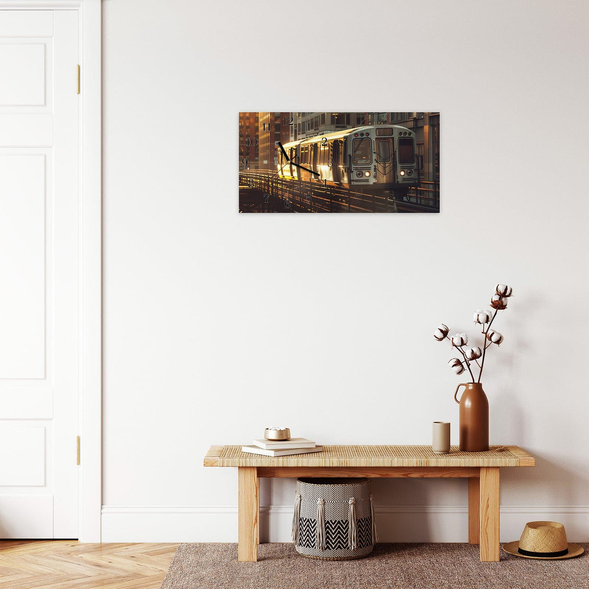 Moderne Wanduhr aus Glas mit Farbtiefe – Wanduhr Stadtzug Sonnenuntergang aus Glas – Querformat 60 × 30 cm