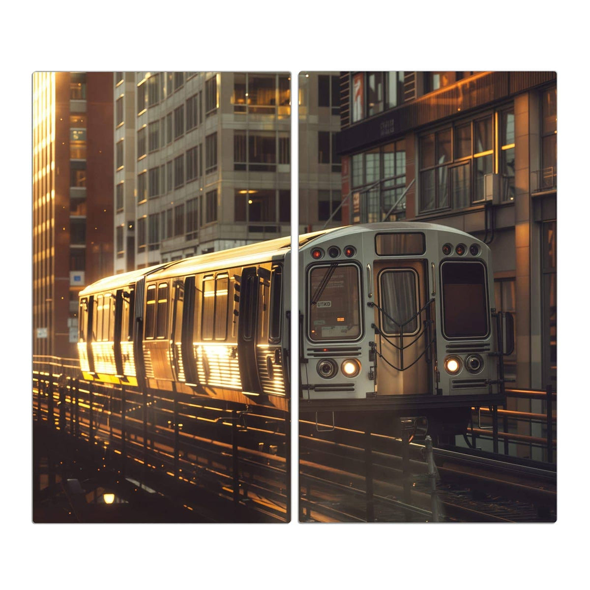 Silberner Hochbahnzug auf Stahltrasse zwischen Hochhäusern im goldenen Abendlicht