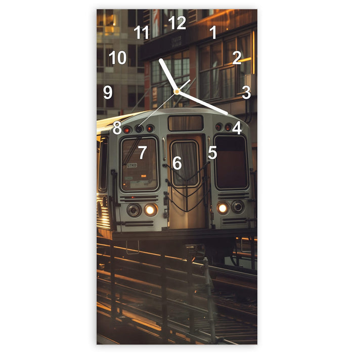 Wanduhr Stadtzug Sonnenuntergang aus Glas – Hochformat 30 × 60 cm mit Ziffernblatt Modern