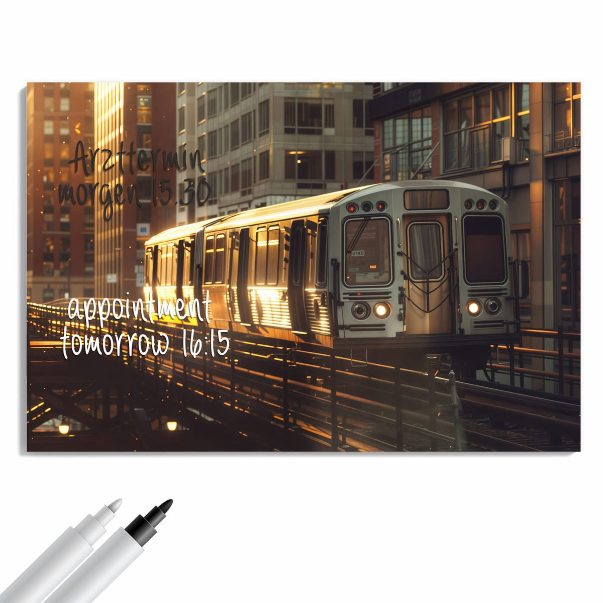 Beschreiben, abwischen, anheften – Metall Magnettafel - Hochbahn im Abendlicht