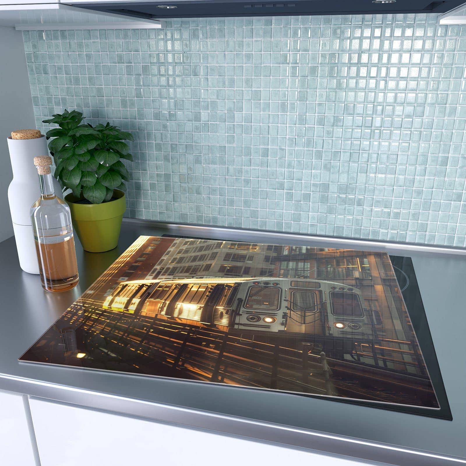 1-teilige Abdeckung für Herdplatte mit Stadtzug Sonnenuntergang-Motiv auf dem Ceranfeld