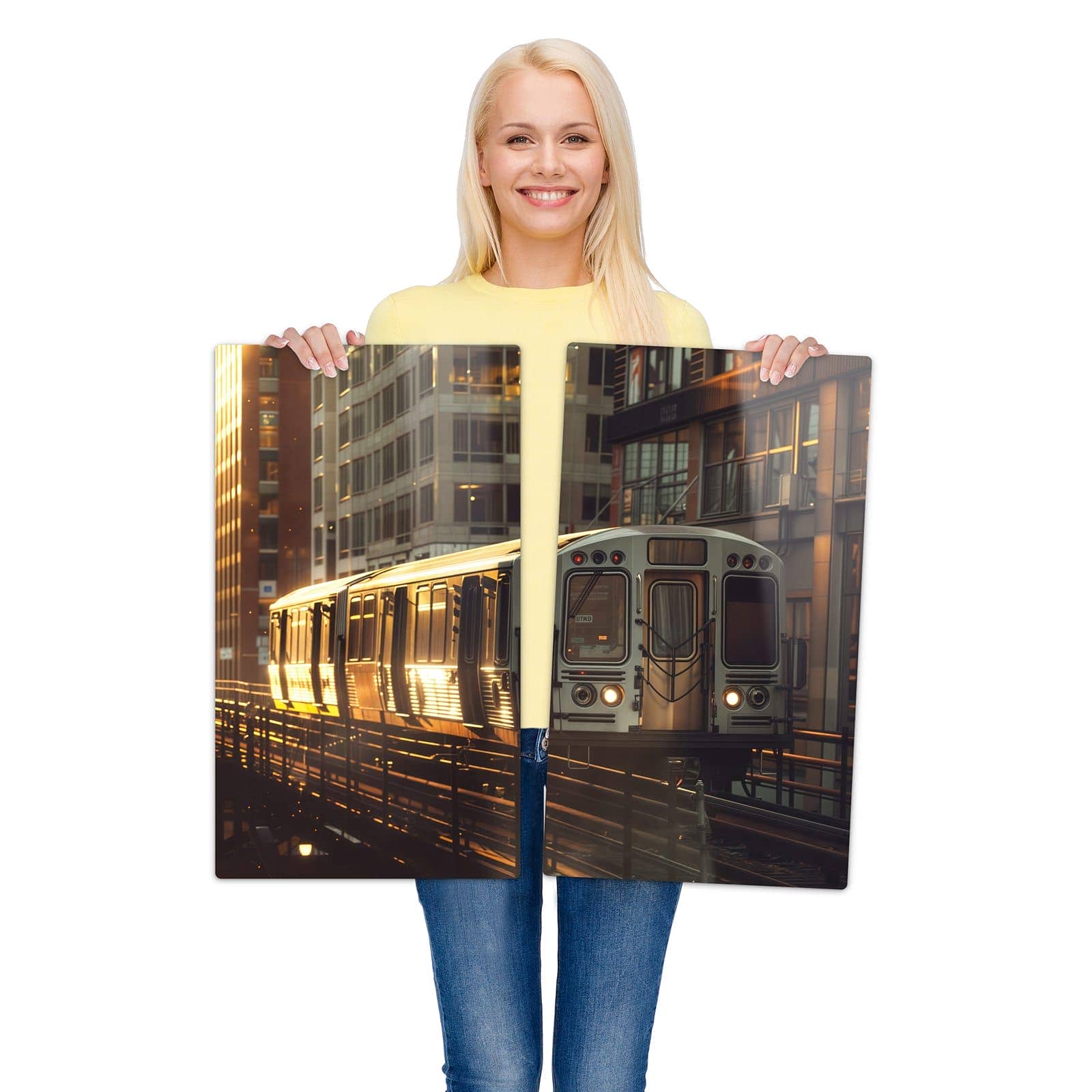 2-teilige Herdabdeckplatte für Ceranfeld mit Stadtzug Sonnenuntergang-Motiv wird zur Größendarstellung gehalten