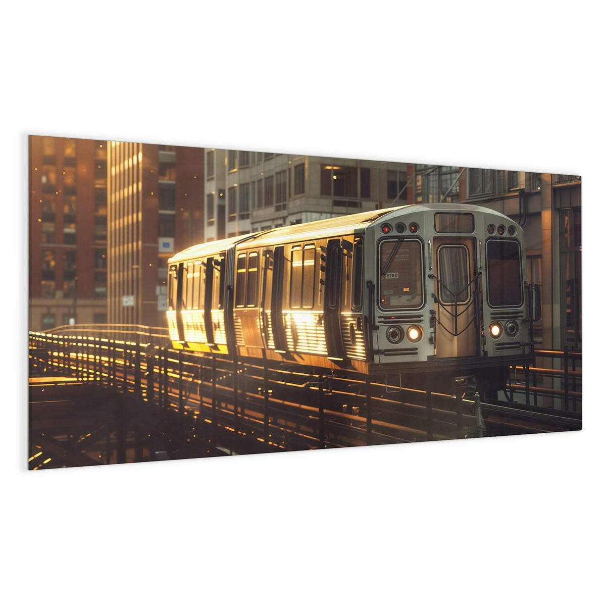 Silberner Hochbahnzug auf Stahltrasse zwischen Hochhäusern im goldenen Abendlicht