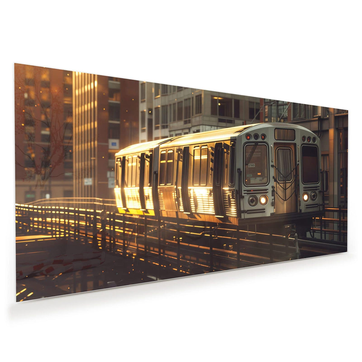 Silberner Hochbahnzug auf Stahltrasse zwischen Hochhäusern im goldenen Abendlicht