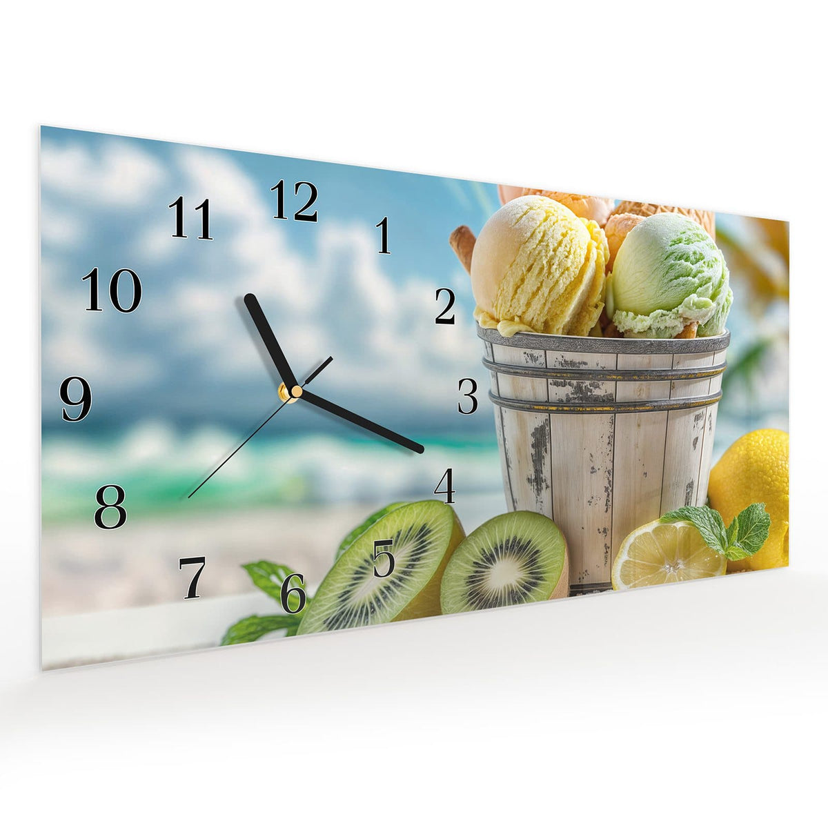 Vormontiert – mit Schwebeeffekt – Wanduhr Buntes Strandeis aus Glas – Querformat 60 × 30 cm