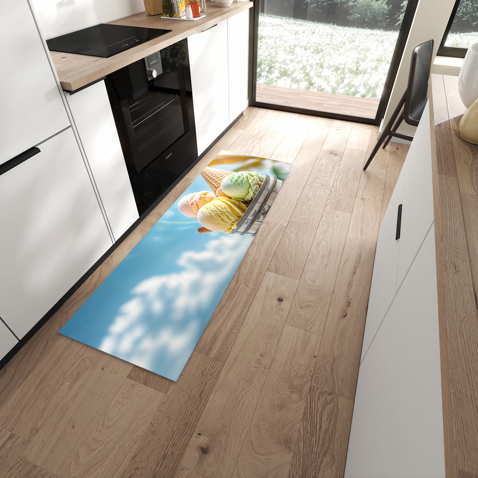 Geräuschdämpfender dünner Küchenteppich mit Motiv Eis von Sommerliches in moderner Küche
