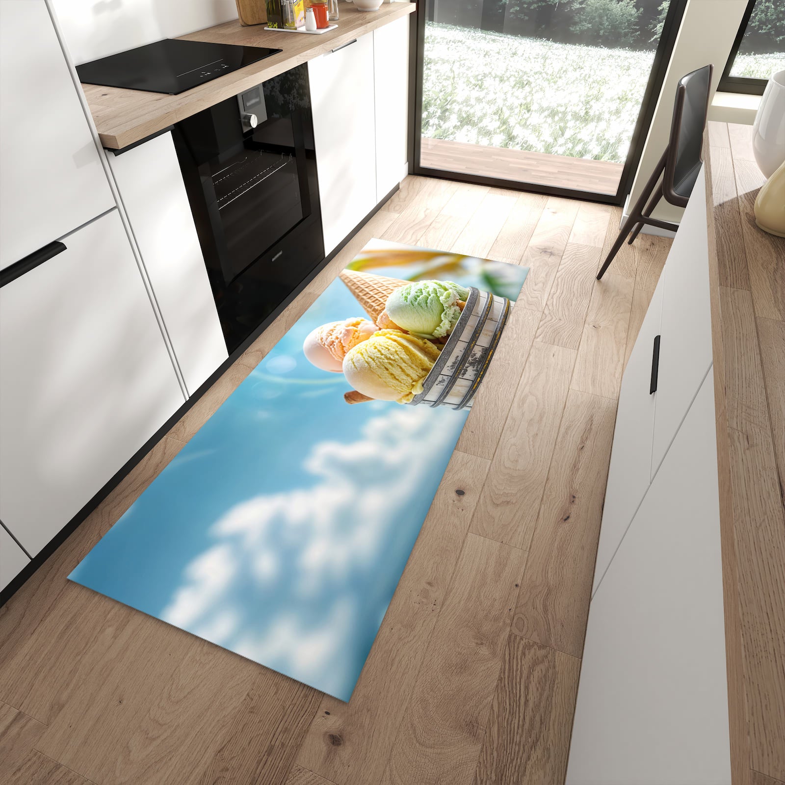 Fleckenresistenter Bodenläufer mit Motiv Eis von Sommerliches in moderner Küche