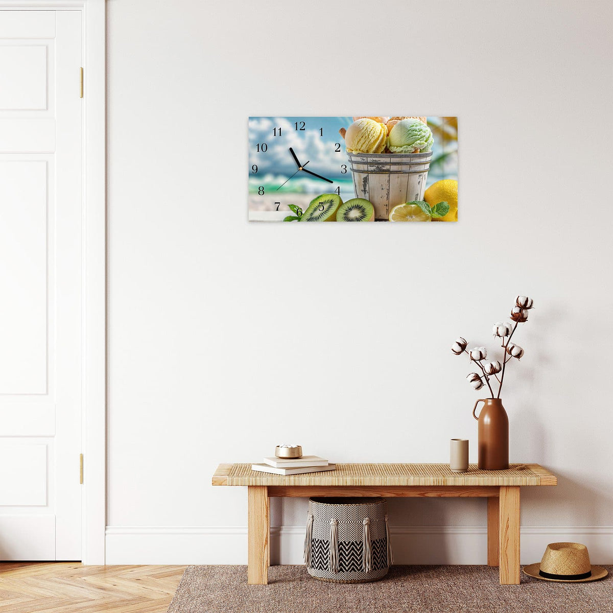 Moderne Wanduhr aus Glas mit Farbtiefe – Wanduhr Buntes Strandeis aus Glas – Querformat 60 × 30 cm