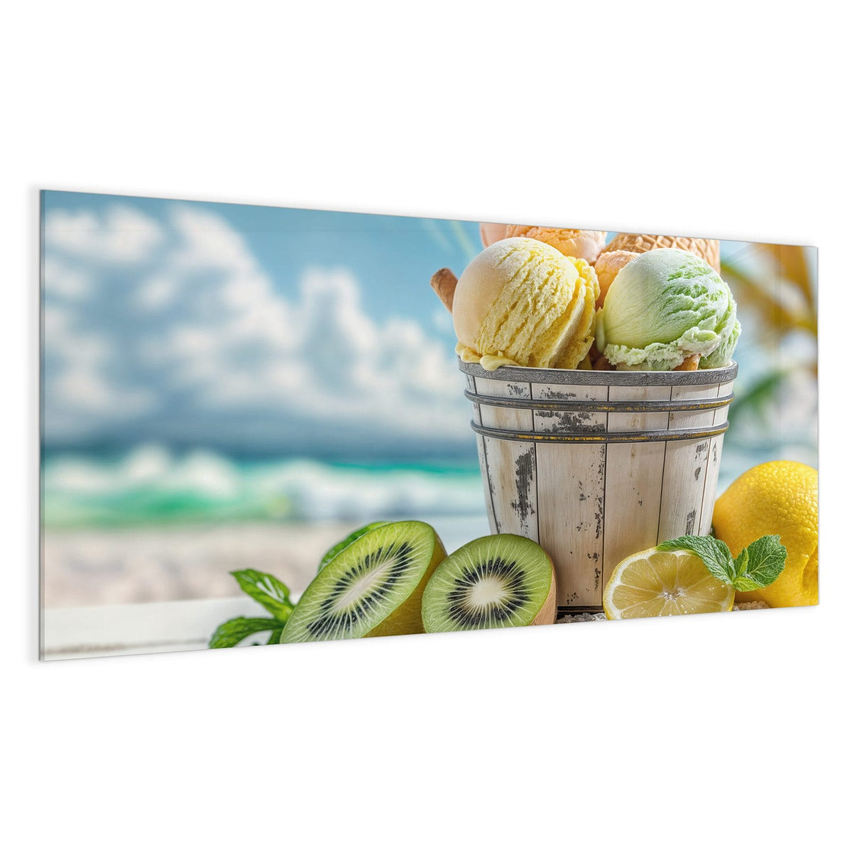 Drei Eiskugeln mit Waffel im Holzeimer am Strand, daneben Kiwi und Zitrone
