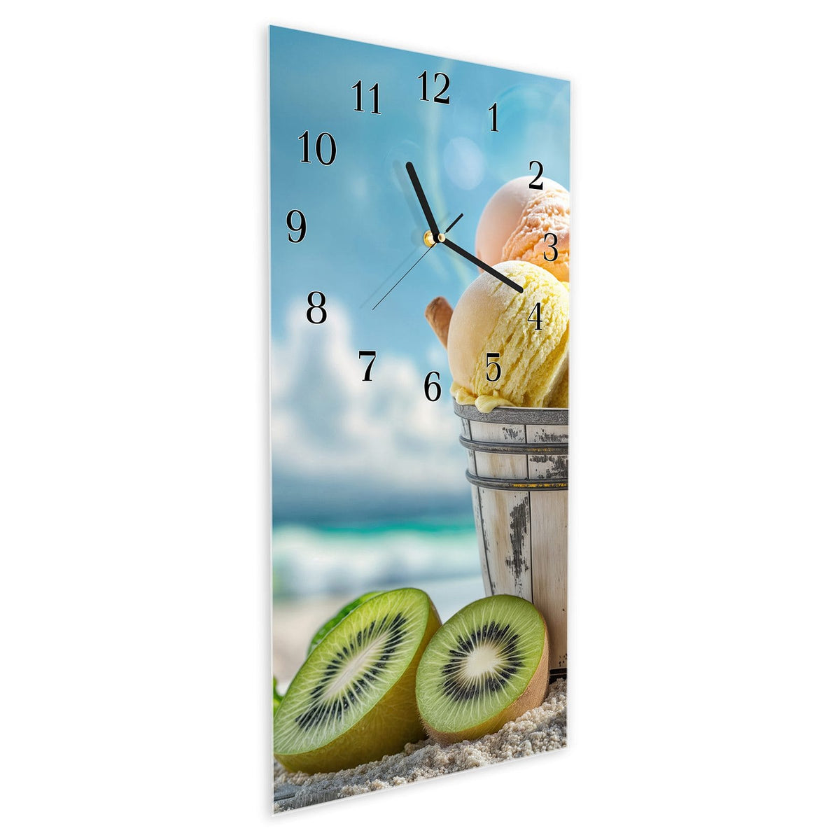 Vormontiert – mit Schwebeeffekt – Wanduhr Buntes Strandeis aus Glas – Hochformat 30 × 60 cm
