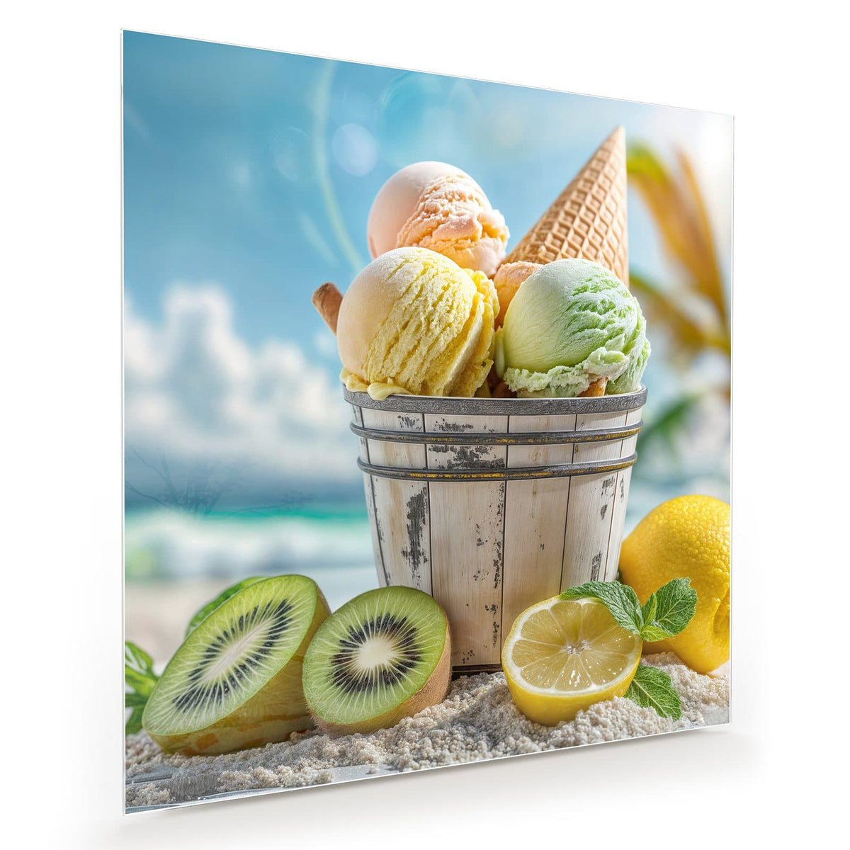 Drei Eiskugeln mit Waffel im Holzeimer am Strand, daneben Kiwi und Zitrone