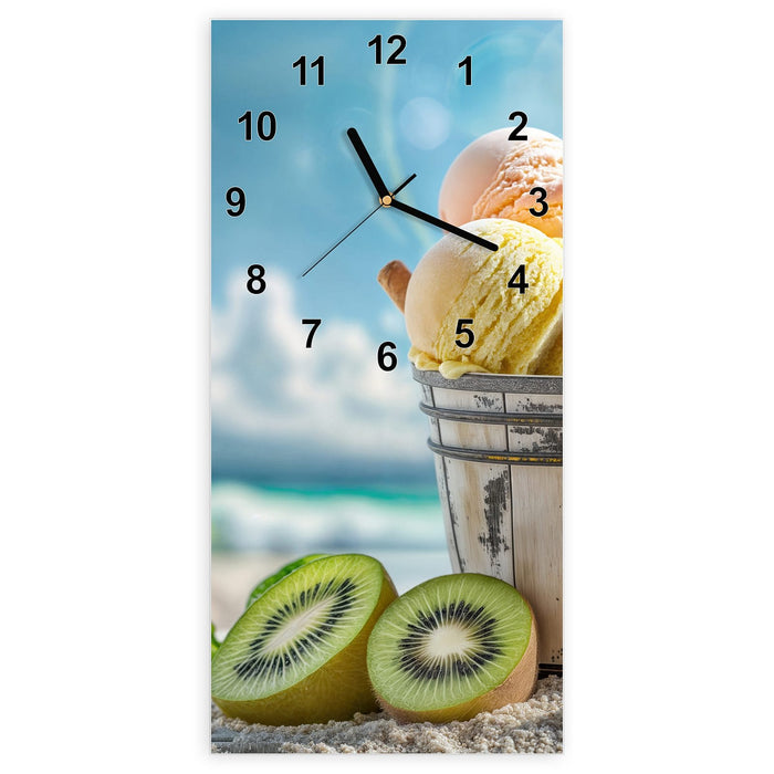 Wanduhr Buntes Strandeis aus Glas – Hochformat 30 × 60 cm mit Ziffernblatt Modern