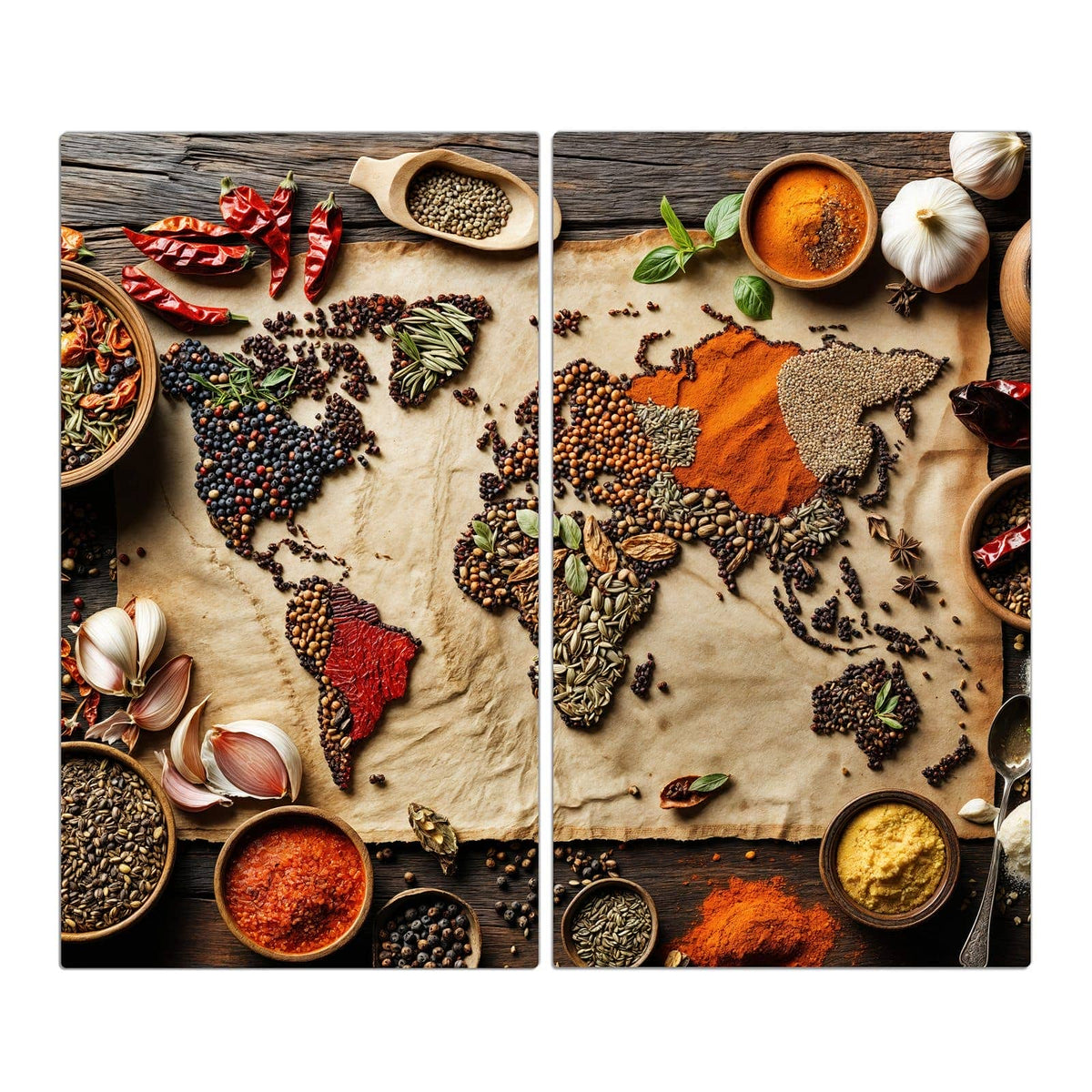 Kontinente auf altem Pergament, komplett aus Gewürzen und Körnern gelegt, drumherum Schalen mit Paprika, Chilis, Knoblauch