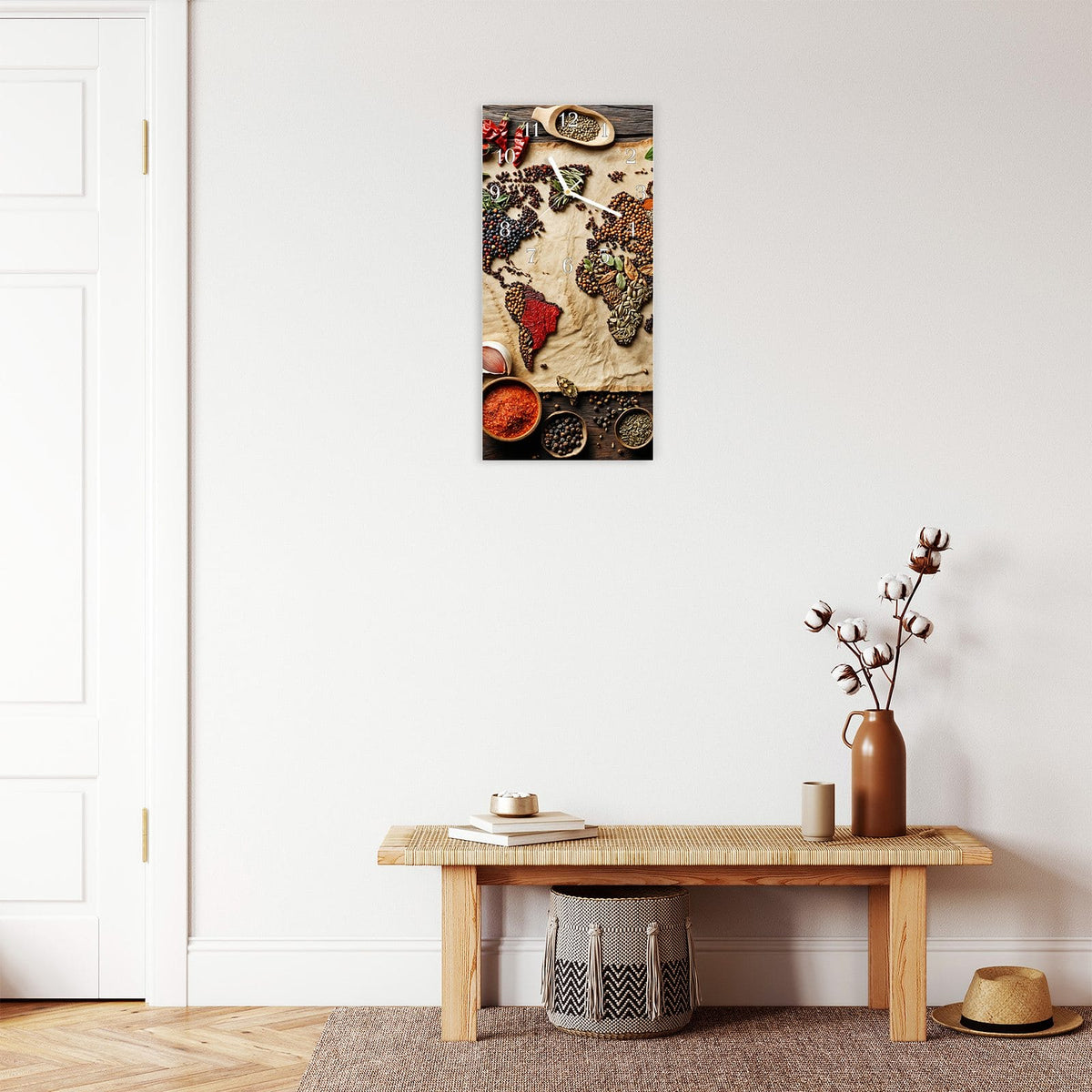 Moderne Wanduhr aus Glas mit Farbtiefe – Wanduhr Weltkarte Vintage aus Glas – Hochformat 30 × 60 cm