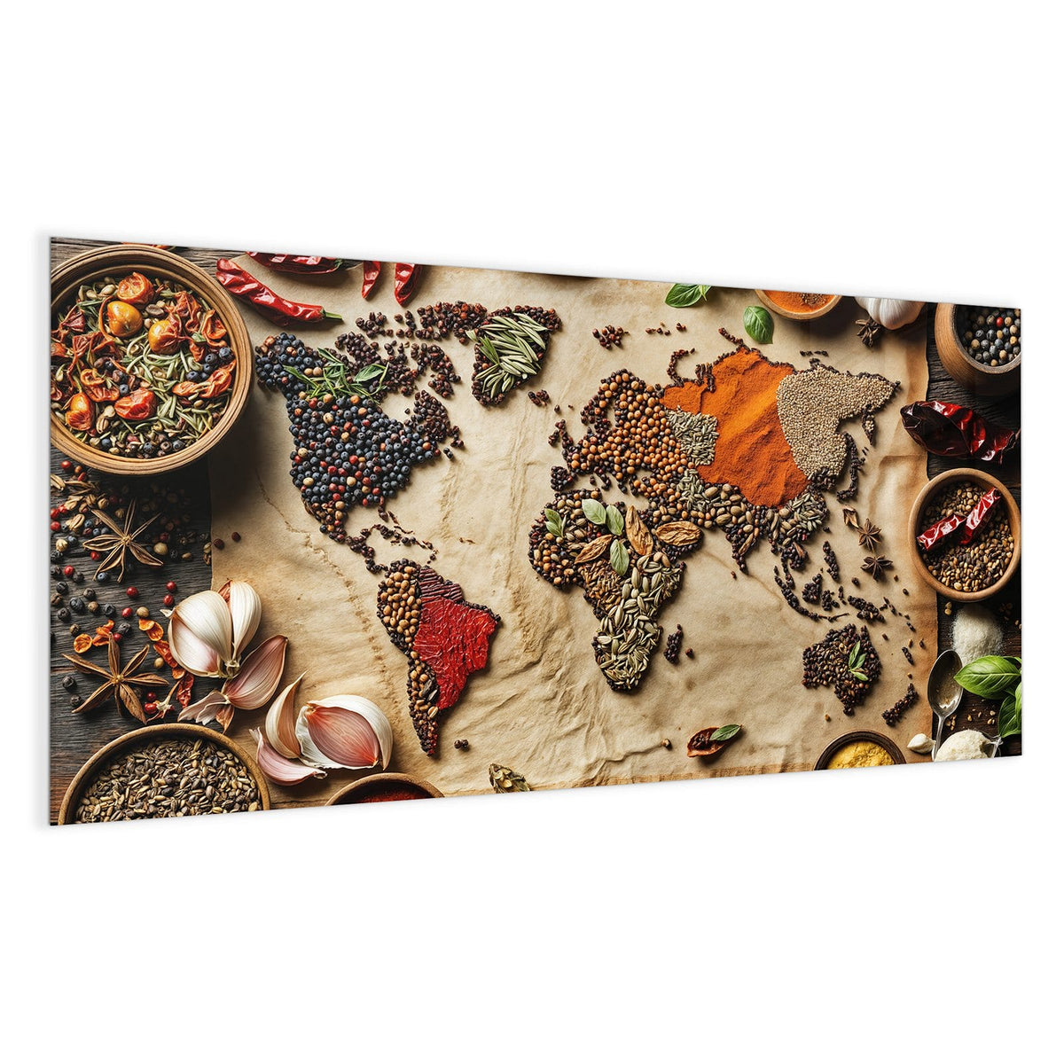 Kontinente auf altem Pergament, komplett aus Gewürzen und Körnern gelegt, drumherum Schalen mit Paprika, Chilis, Knoblauch