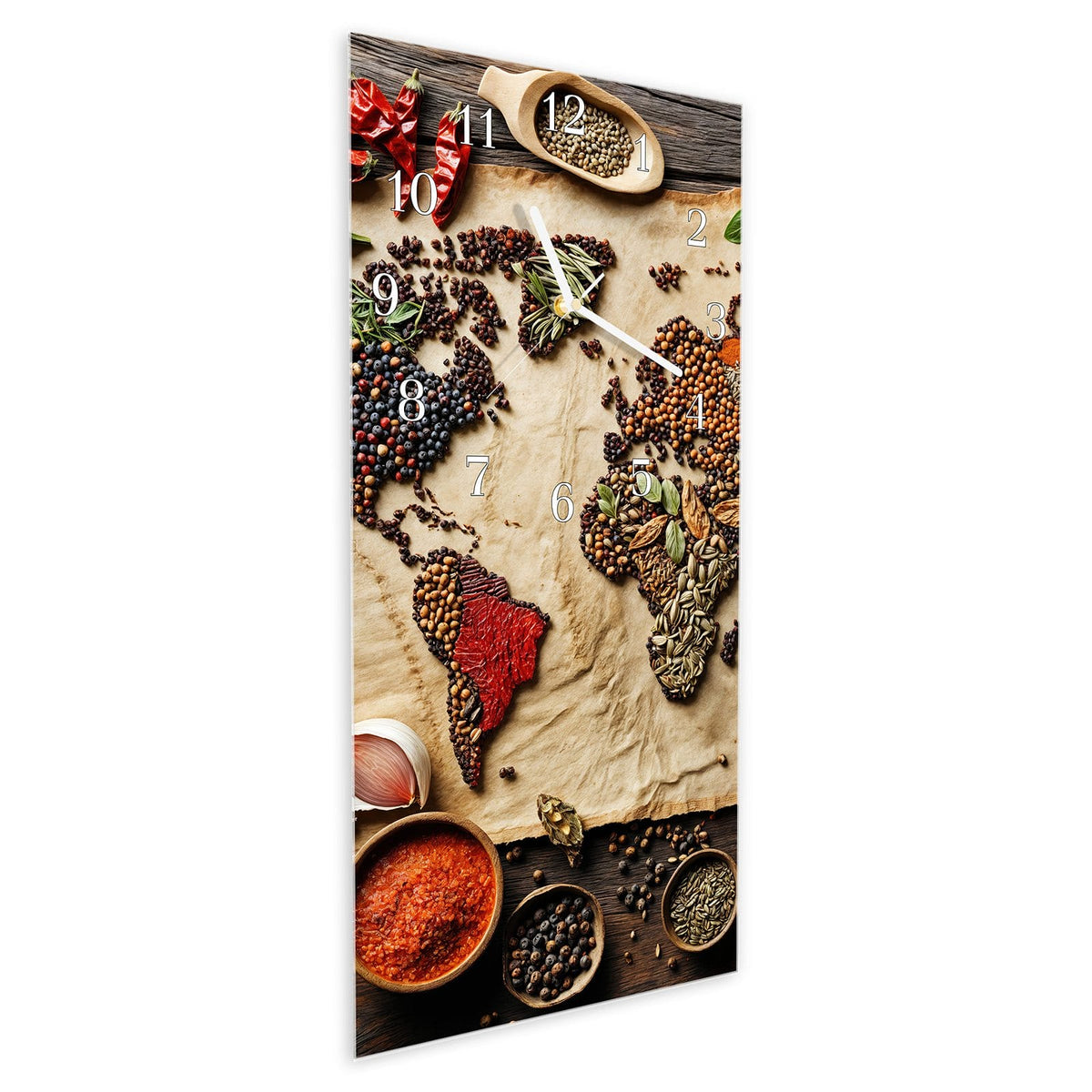 Vormontiert – mit Schwebeeffekt – Wanduhr Weltkarte Vintage aus Glas – Hochformat 30 × 60 cm