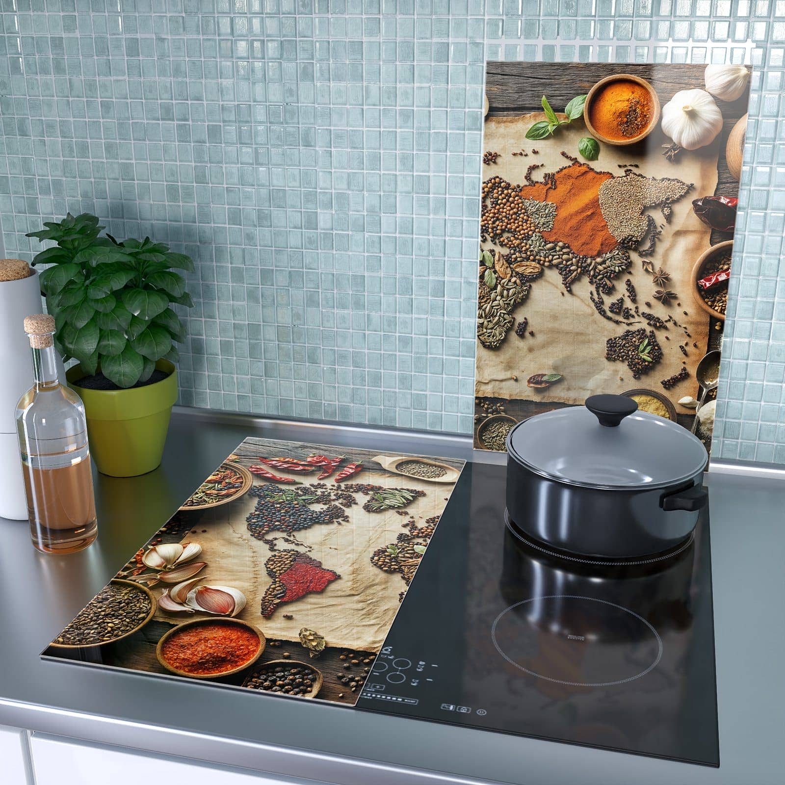 2-teilige Abdeckplatten für den Herd mit Weltkarte Vintage-Motiv als Spritzschutz hinter dem Kochfeld