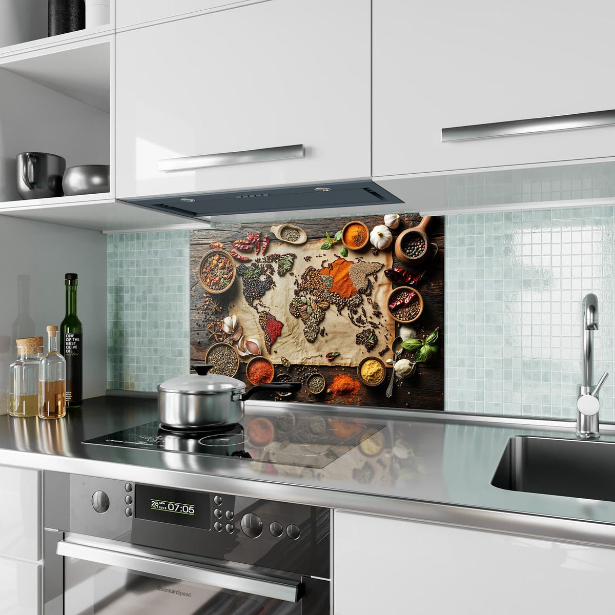 Küchenrückwand aus Glas Weltkarte aus Gewürzen im Hochformat als Spritzschutz hinter dem Kochfeld, über dem Fliesenspiegel montiert