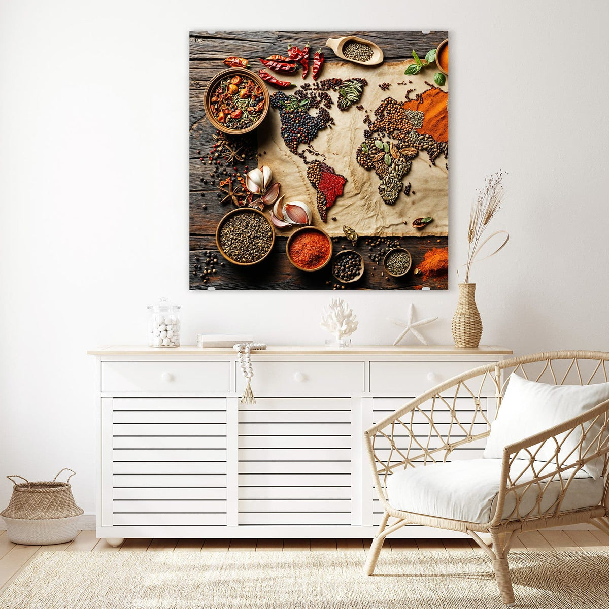 Echtglas, 4 mm – kein Acryl, keine Folie – Wandbild - Weltkarte aus Gewürzen - Quadratisch
