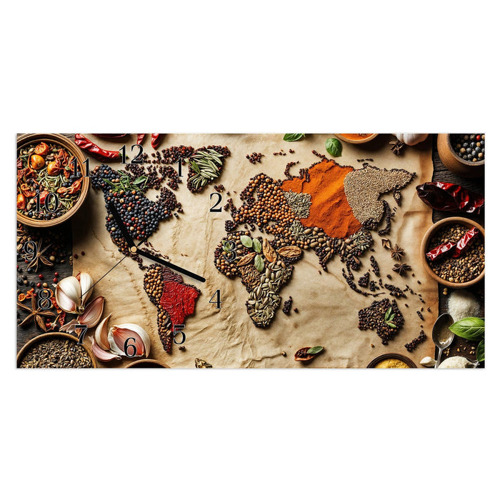 Wanduhr Weltkarte Vintage aus Glas – Querformat 60 × 30 cm mit Ziffernblatt Klassisch