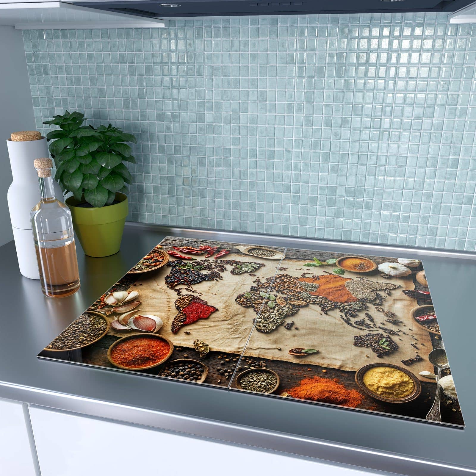2-teilige Ceranfeld Abdeckplatten mit Weltkarte Vintage-Motiv auf dem Ceranfeld