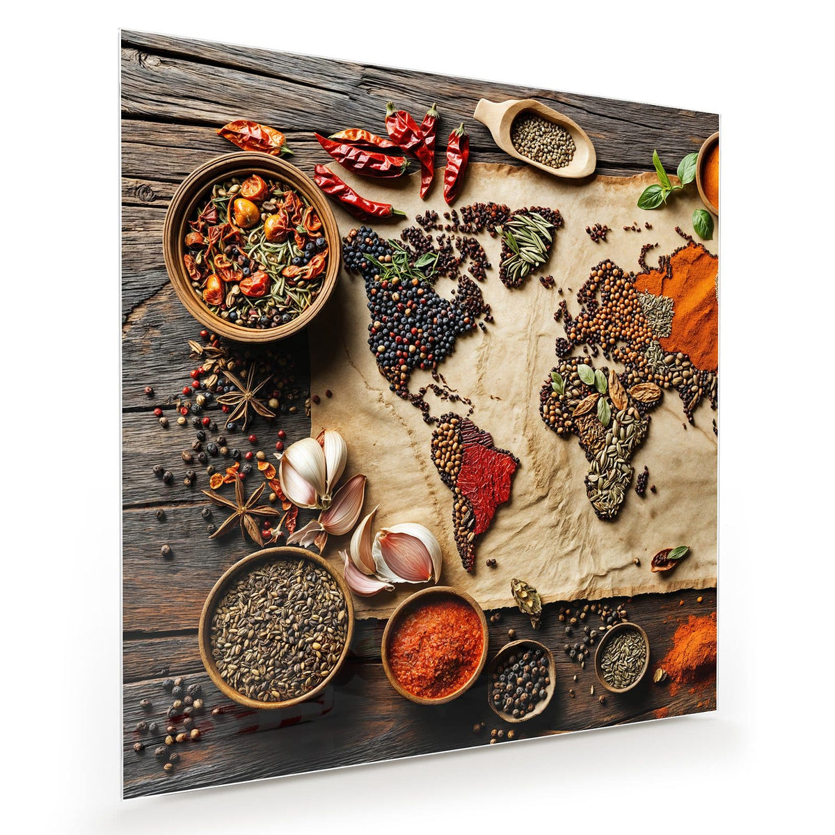 Kontinente auf altem Pergament, komplett aus Gewürzen und Körnern gelegt, drumherum Schalen mit Paprika, Chilis, Knoblauch