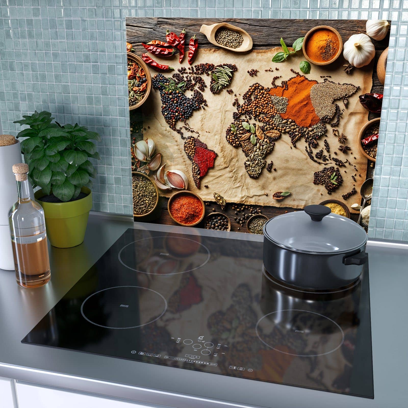 1-teilige Herdabdeckplatte mit Weltkarte Vintage-Motiv als Spritzschutz hinter dem Kochfeld