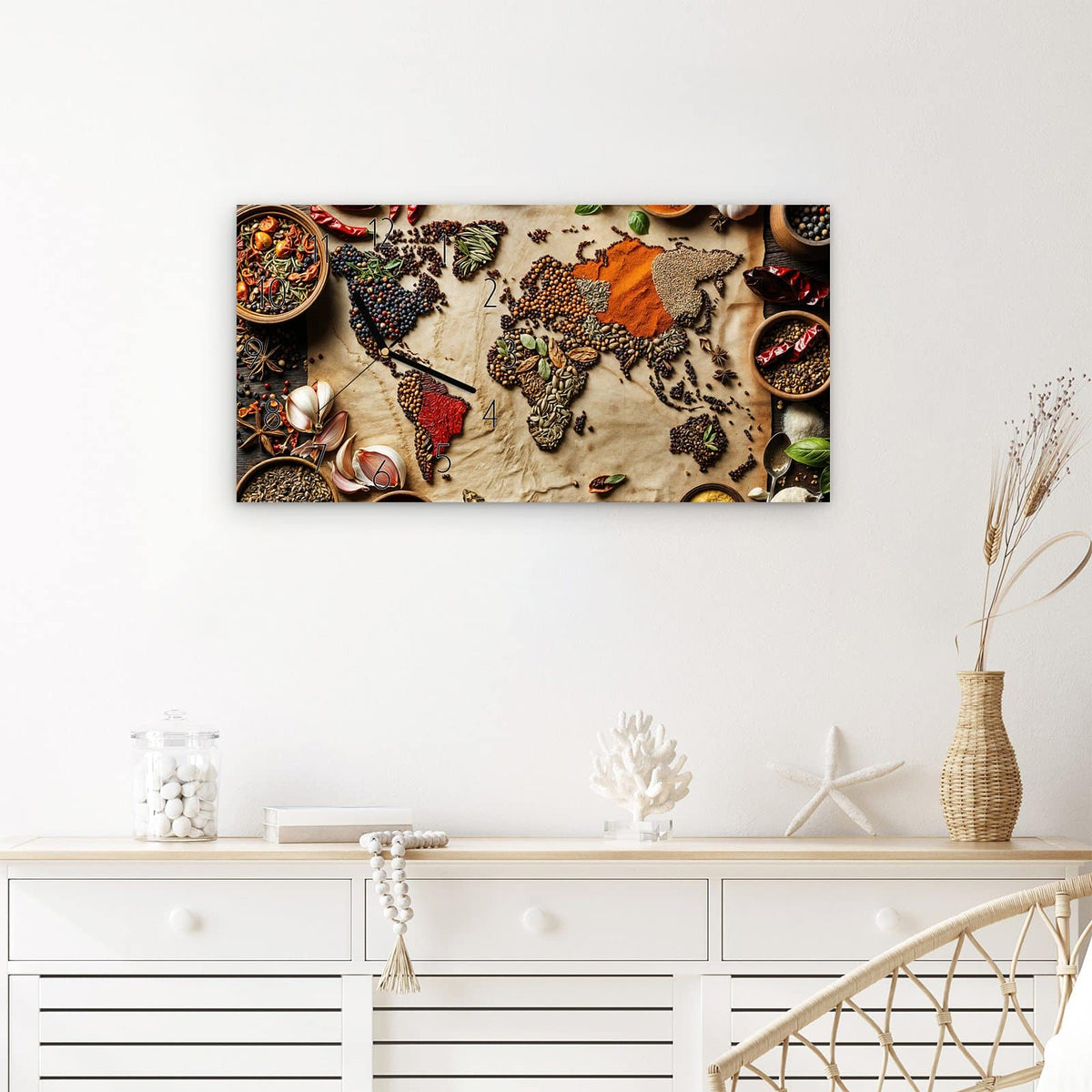 Wanduhr Weltkarte Vintage aus Glas – Querformat 60 × 30 cm – Antike Weltkarte mit Gewürzen