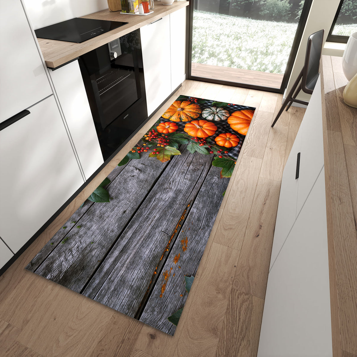 Wasserabweisender Küchenläufer mit Motiv Herbstlicher Kürbis in moderner Küche