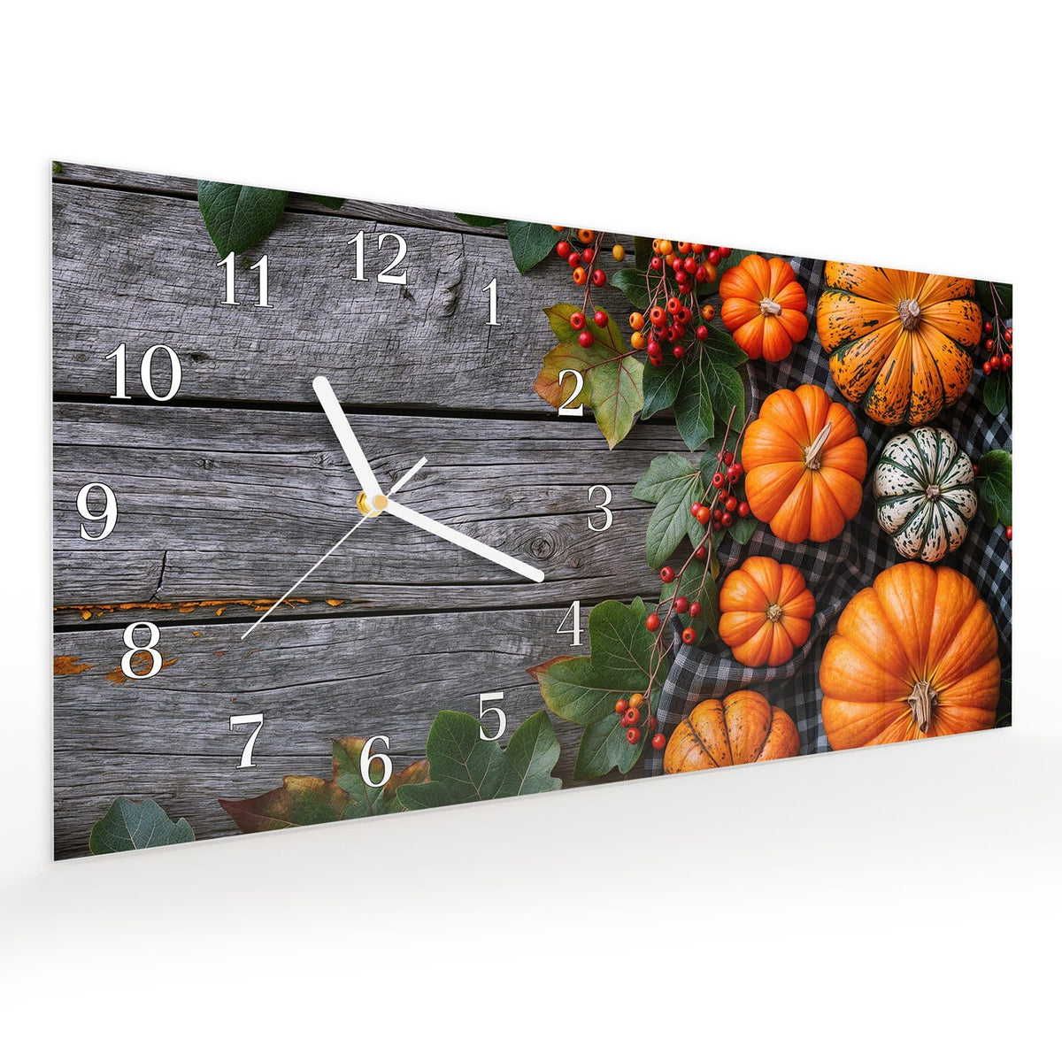 Vormontiert – mit Schwebeeffekt – Wanduhr Herbstlicher Kürbis aus Glas – Querformat 60 × 30 cm