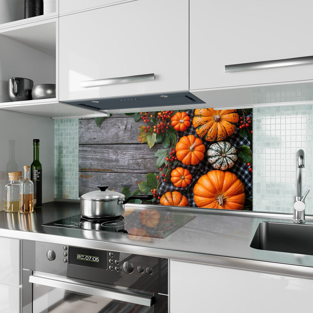 Küchenrückwand aus Glas Kürbisse und Beeren im Hochformat als Spritzschutz hinter dem Kochfeld, über dem Fliesenspiegel montiert