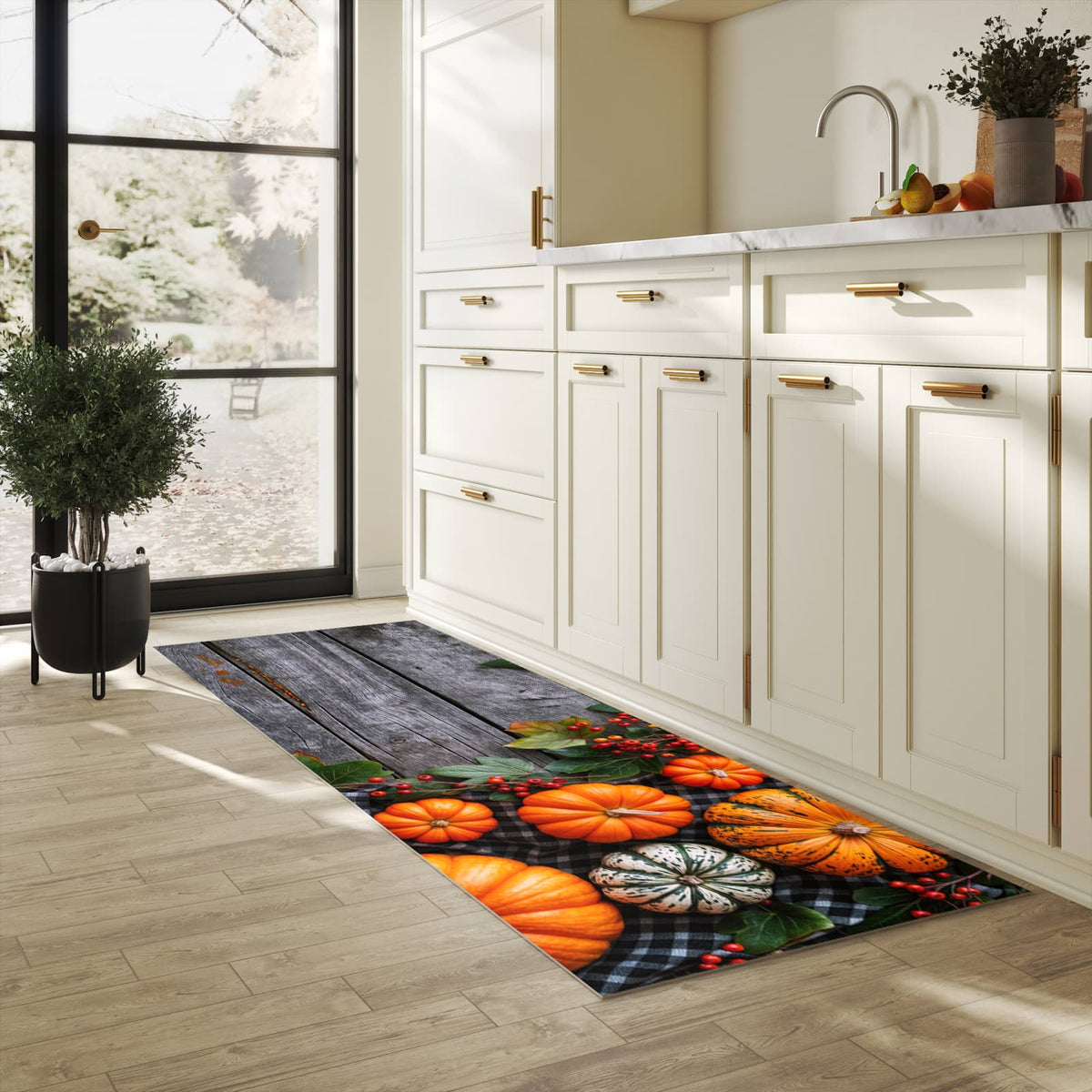 Hygienischer Bodenläufer Teppich mit Motiv Herbstlicher Kürbis in heller Küche