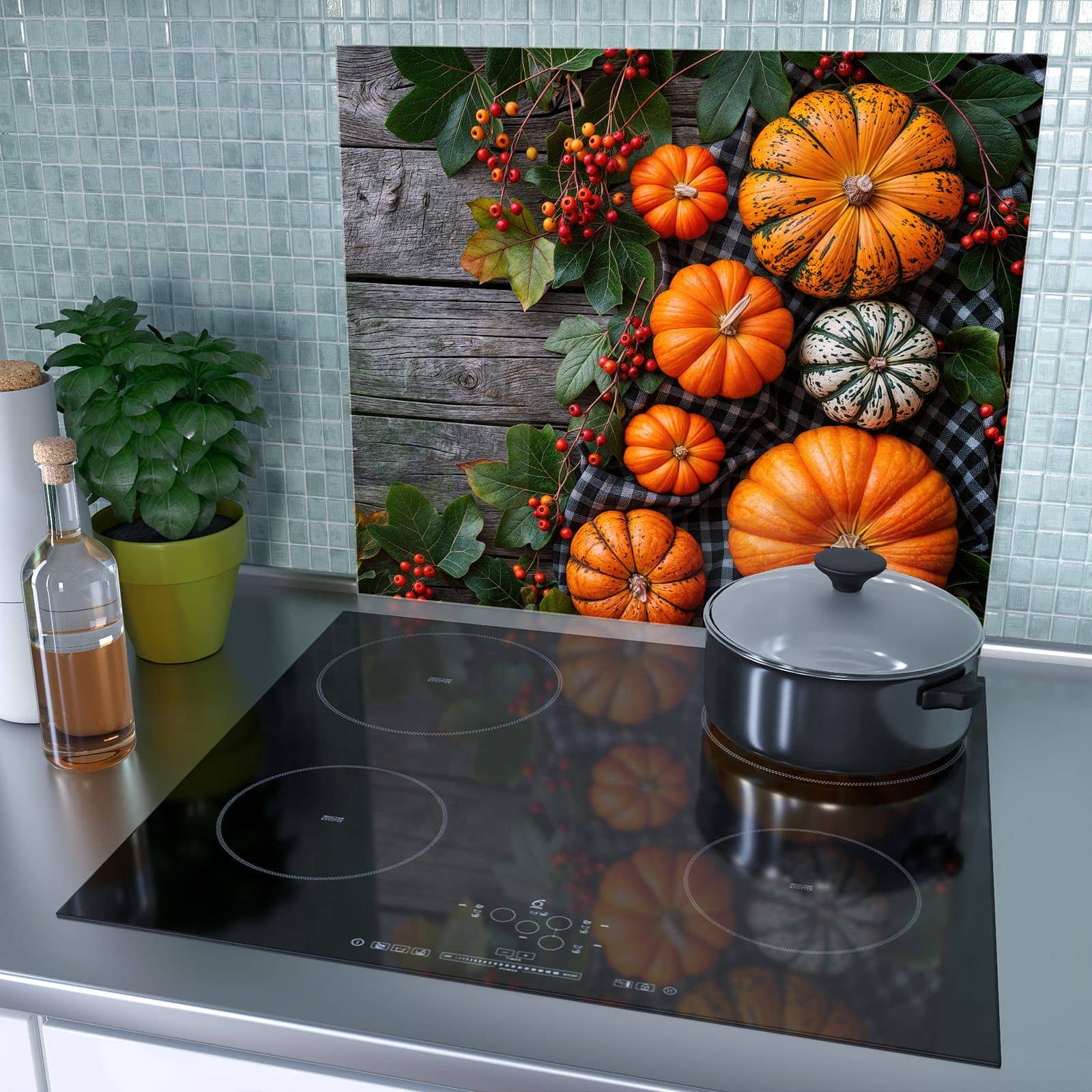 1-teilige Herdabdeckplatten für Ceranfeld mit Herbstlicher Kürbis-Motiv als Spritzschutz hinter dem Kochfeld
