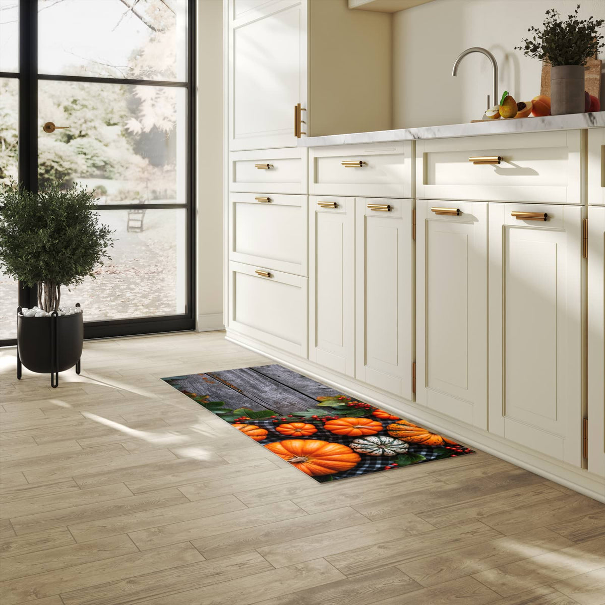 Langlebiger dünner Küchenteppich mit Motiv Herbstlicher Kürbis in heller Küche