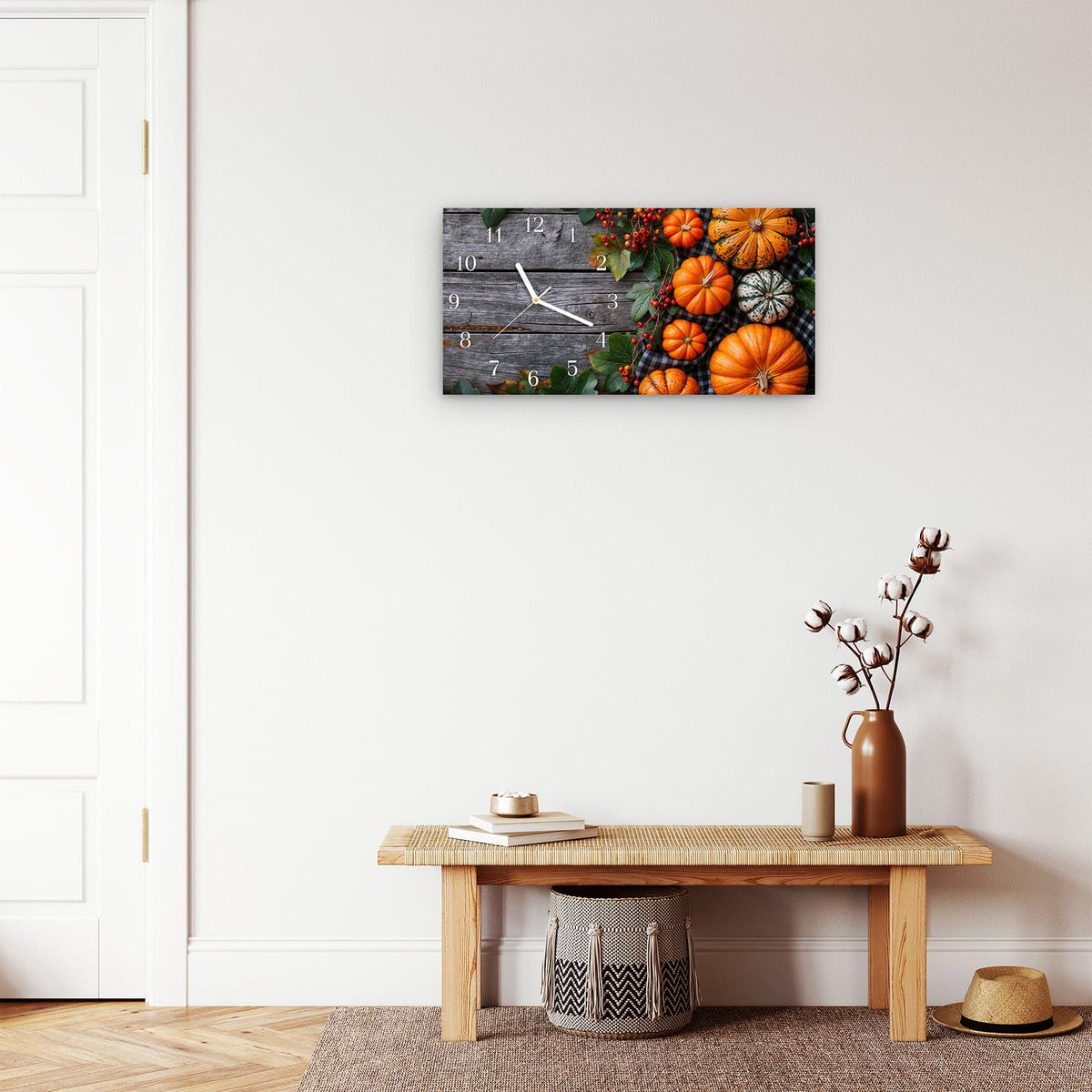 Moderne Wanduhr aus Glas mit Farbtiefe – Wanduhr Herbstlicher Kürbis aus Glas – Querformat 60 × 30 cm
