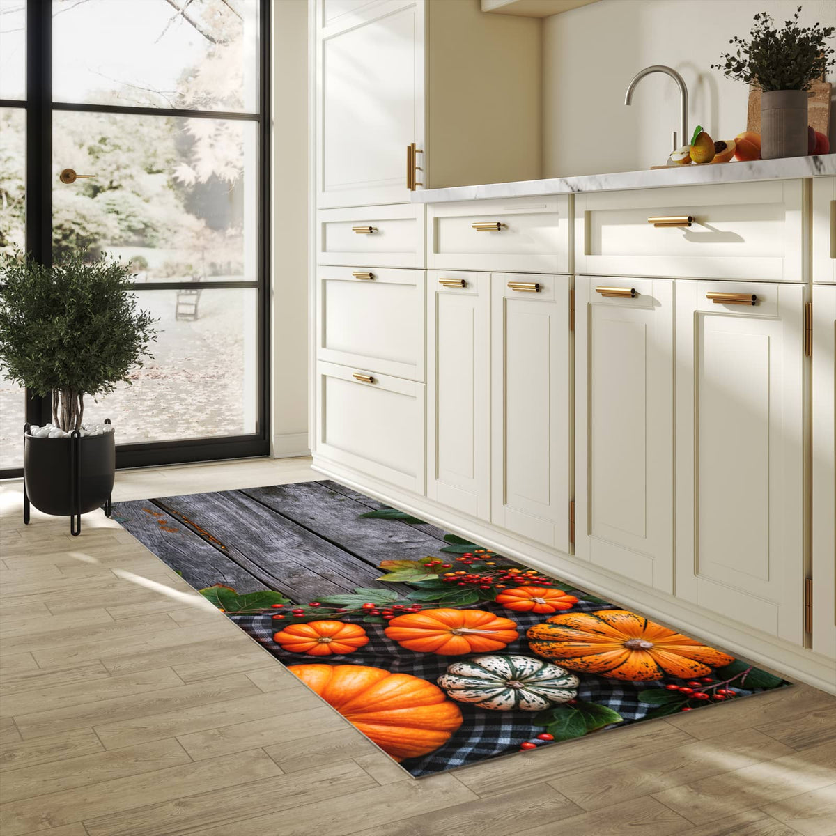 Rutschfester Küchenteppich mit Motiv Herbstlicher Kürbis in heller Küche