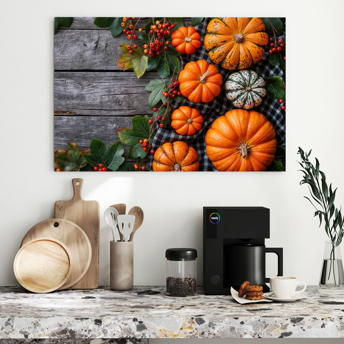 Metall Magnettafel - Kürbisse und Beeren – Gestreifte Kürbisse mit Vogelbeeren