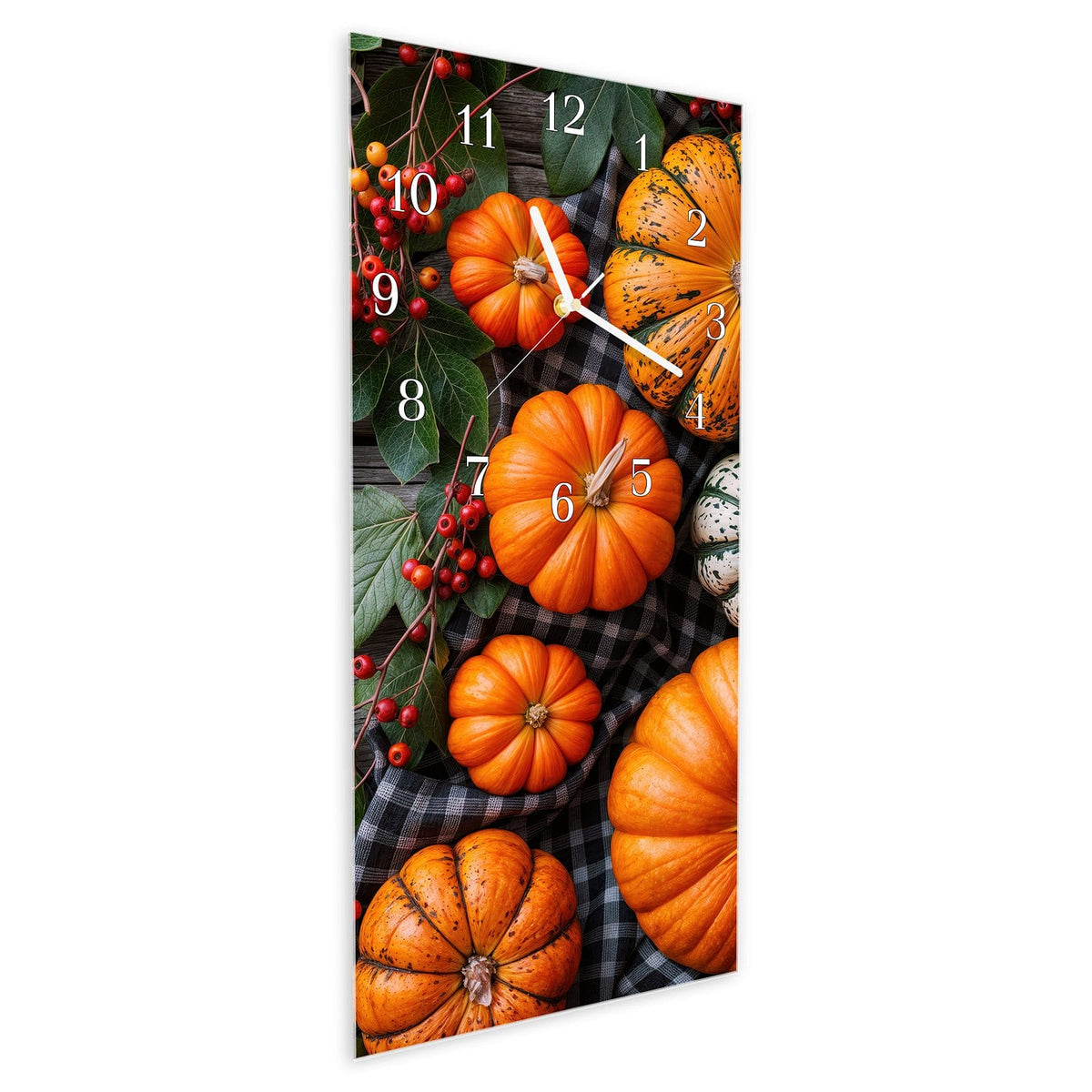 Vormontiert – mit Schwebeeffekt – Wanduhr Herbstlicher Kürbis aus Glas – Hochformat 30 × 60 cm