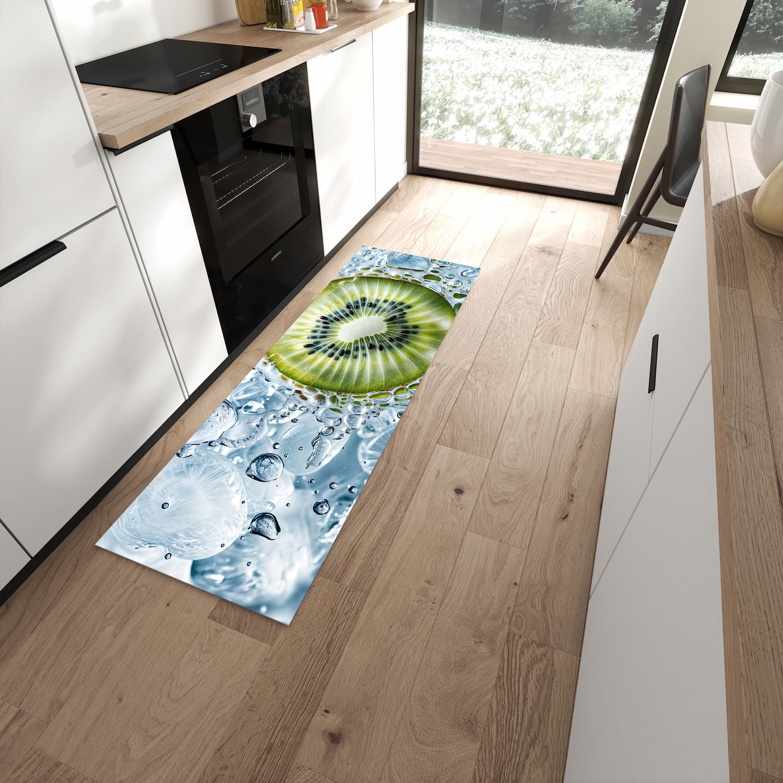 Flacher Bodenläufer mit Motiv Kiwi mit Eis in moderner Küche