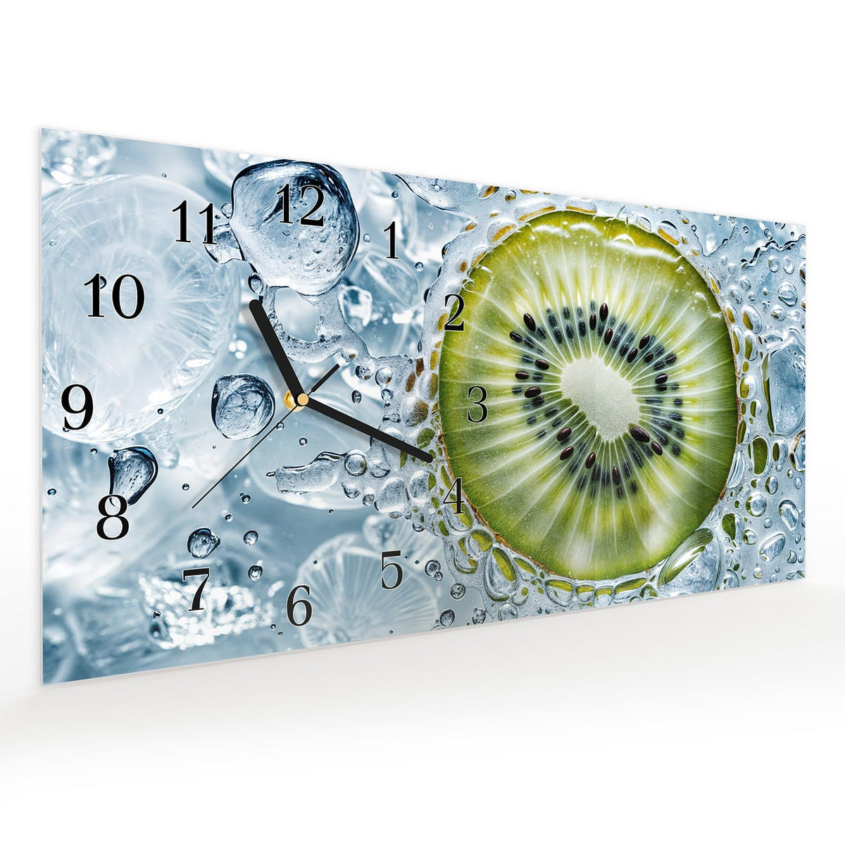 Vormontiert – mit Schwebeeffekt – Wanduhr Kiwi mit Eis aus Glas – Querformat 60 × 30 cm