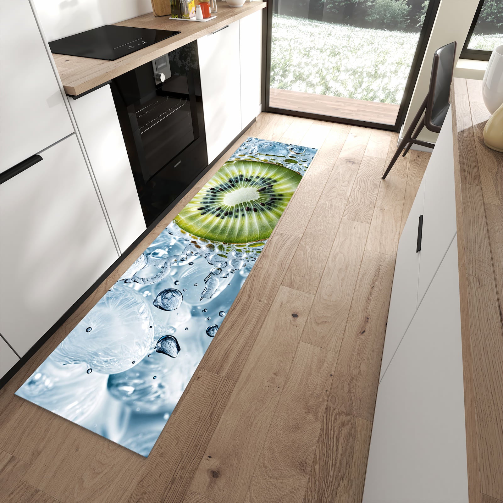 Pflegeleichter Küchenteppich mit Motiv Kiwi mit Eis in moderner Küche