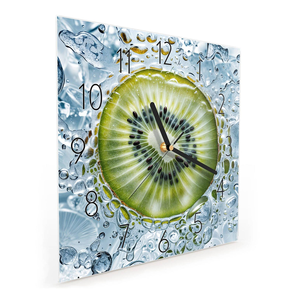 Quadratische Wanduhr aus Glas Kiwi in Wasserblasen schräg von der Seite, 4 mm starkes Glas
