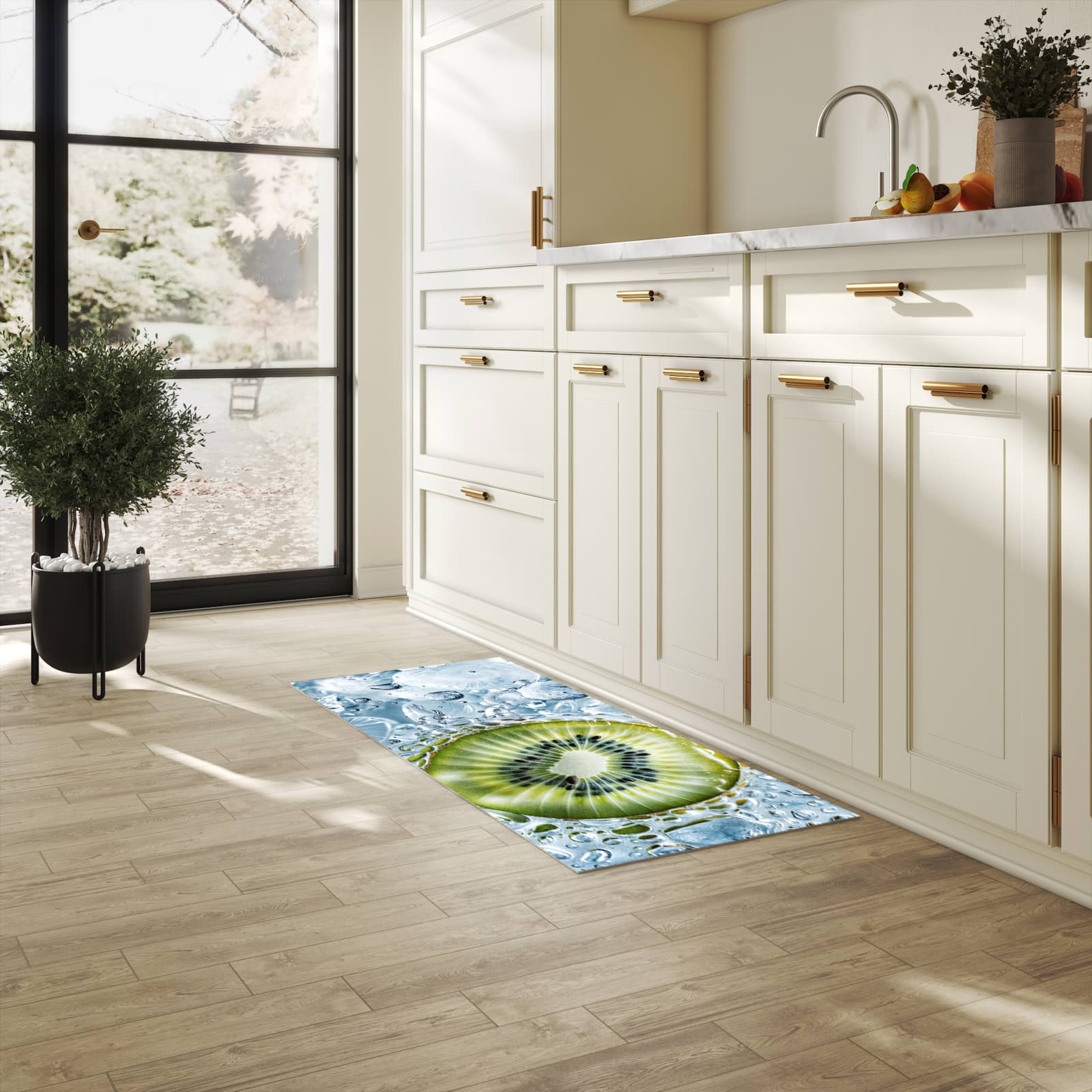 Bodenschonender Läufer für die Küche mit Motiv Kiwi mit Eis in heller Küche