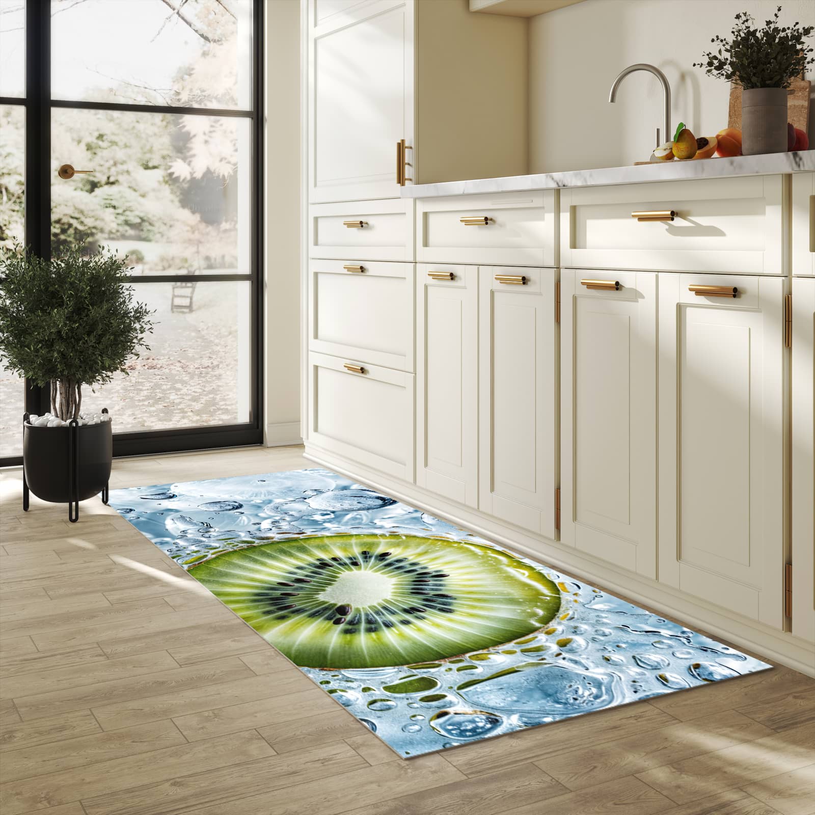 Schmutzabweisender Läufer mit Motiv Kiwi mit Eis für Eingangsbereich in heller Küche
