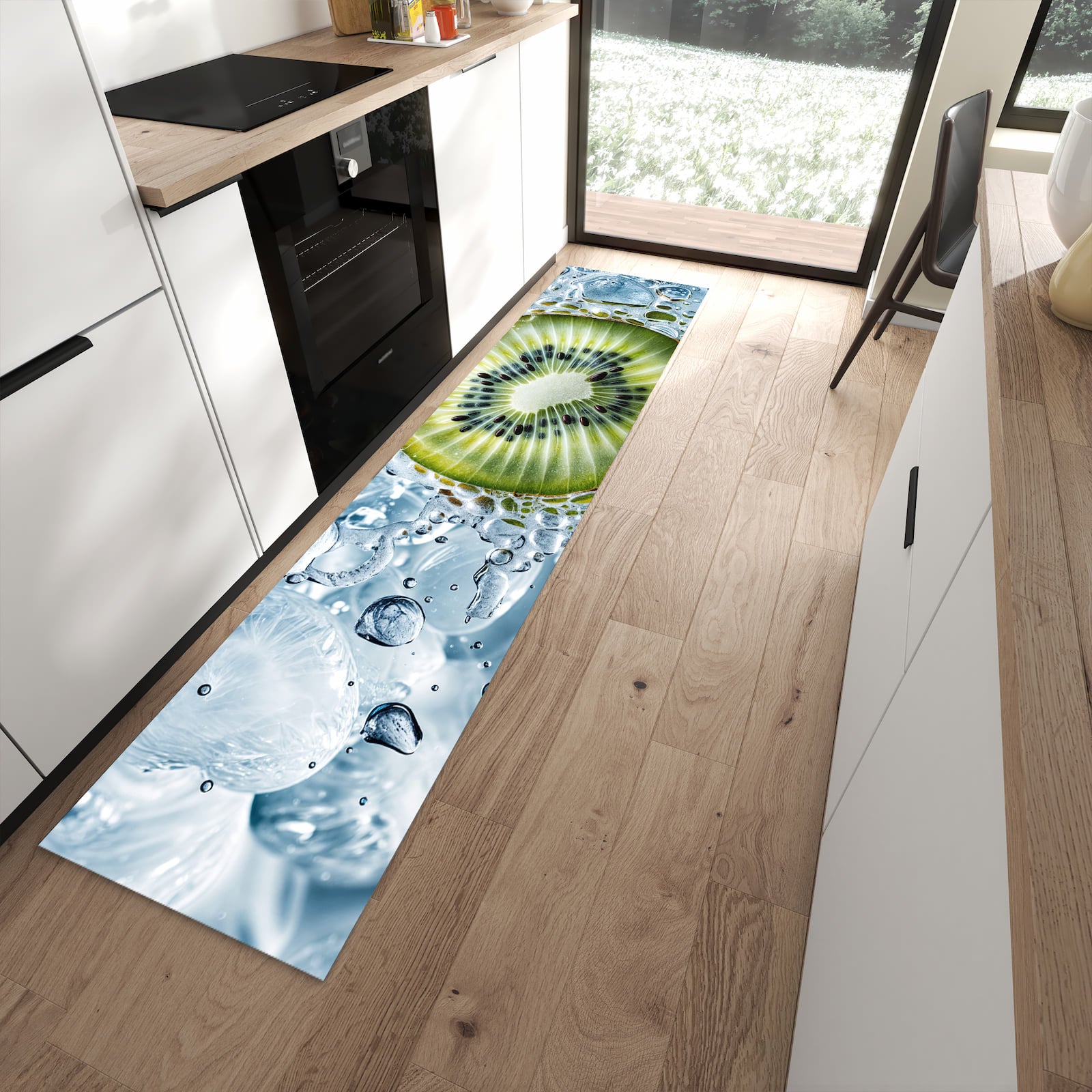 Komfortabler waschbarer Küchenteppich mit Motiv Kiwi mit Eis in moderner Küche