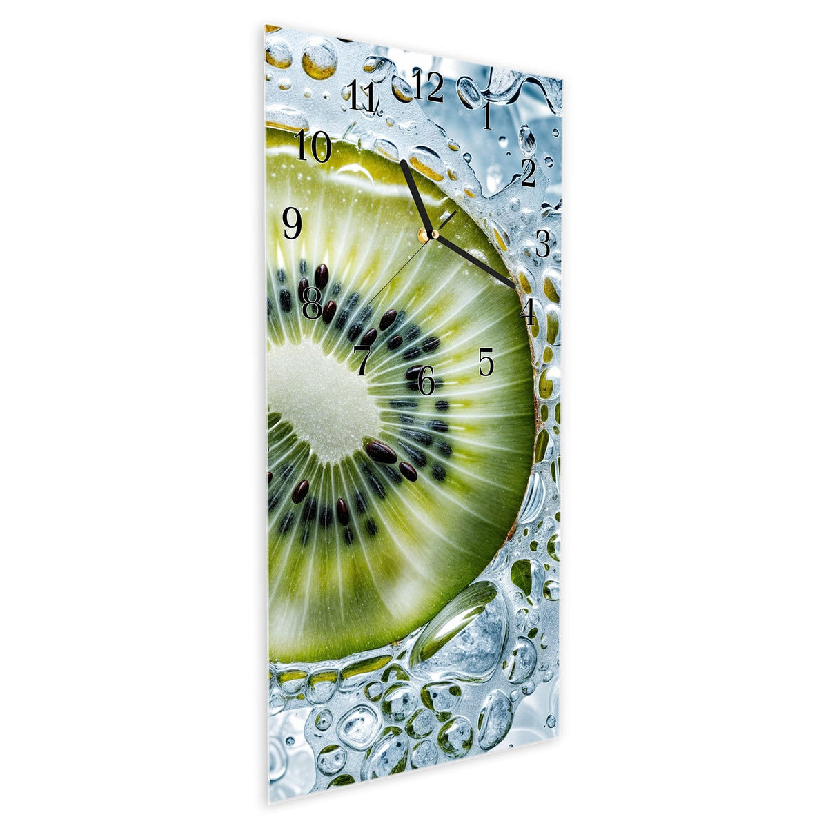 Vormontiert – mit Schwebeeffekt – Wanduhr Kiwi mit Eis aus Glas – Hochformat 30 × 60 cm